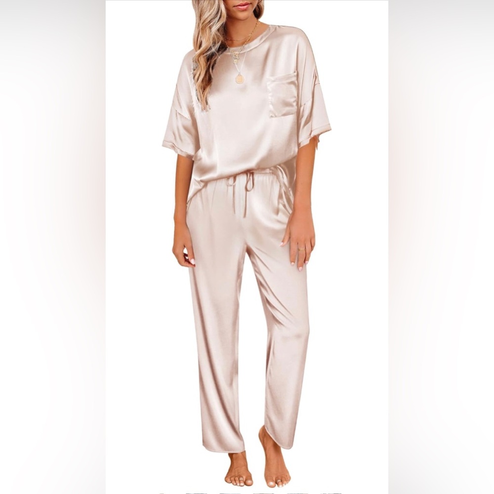 NWT Satin Silky Short Sleeve Shirt with Long Pajama Pant Set Soft